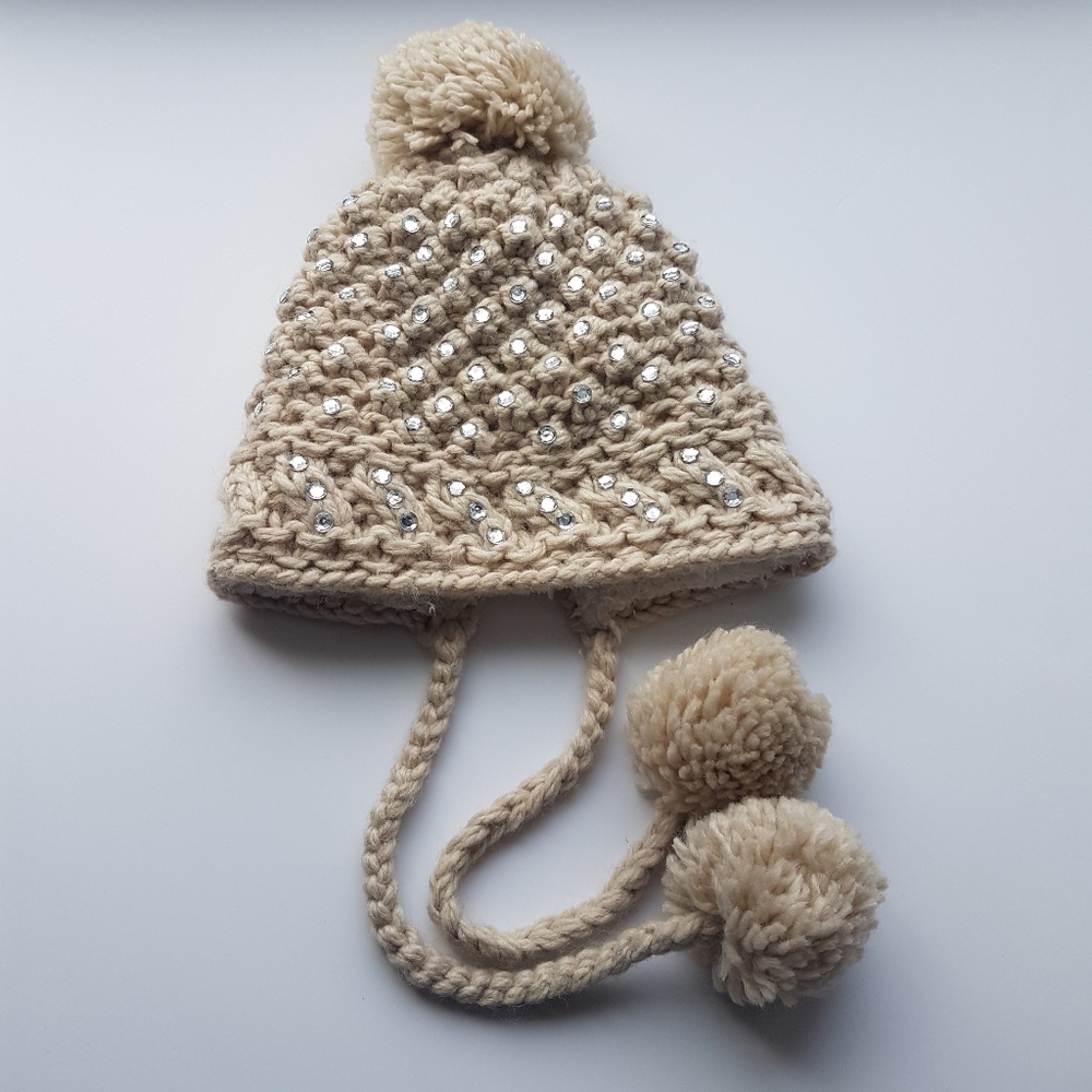Low ponytail taupe Earflap Hat w/Pom Pom